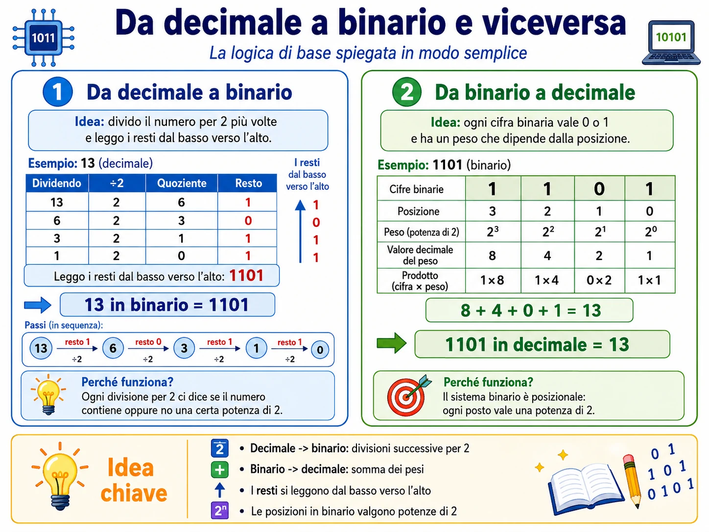 Schema completo della conversione da decimale a binario e da binario a decimale