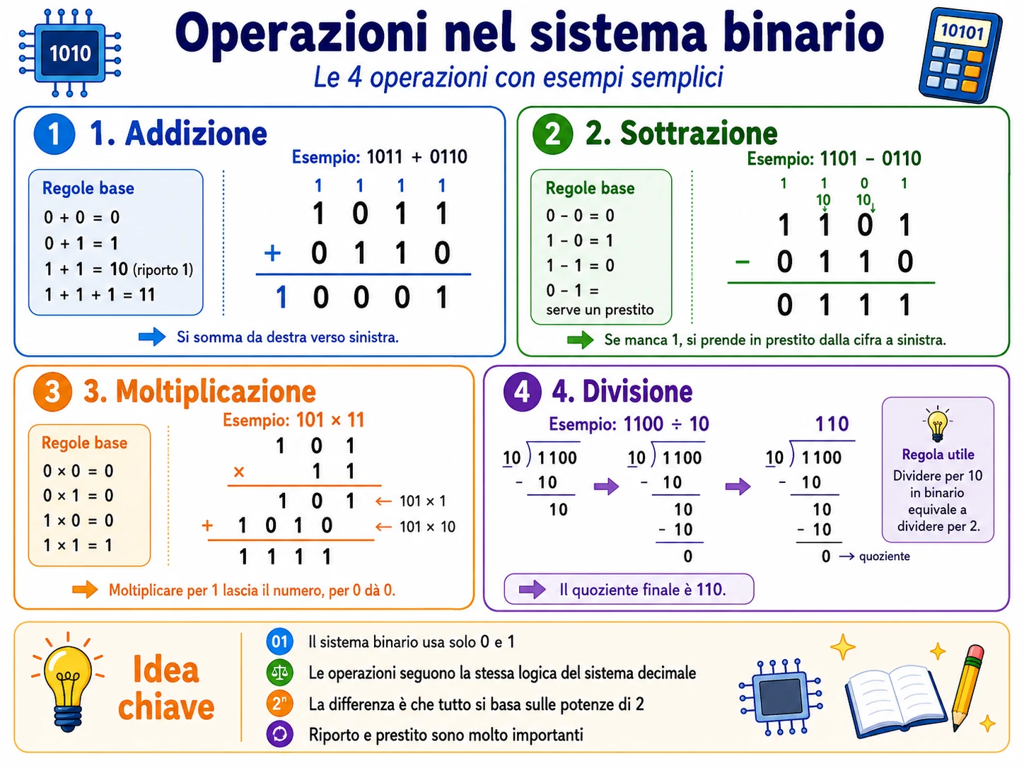 Infografica con addizione, sottrazione, moltiplicazione e divisione nel sistema binario