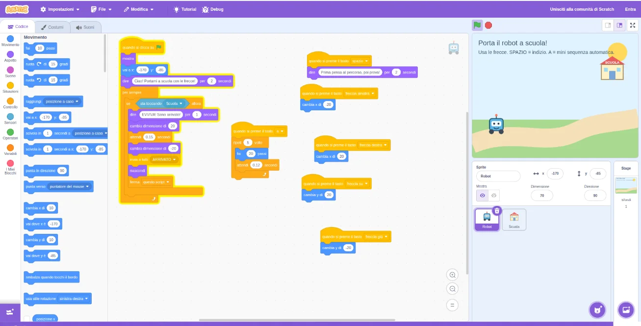 Progetto Scratch del robot o gatto che deve raggiungere la scuola